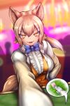  1girl absurdres animal_ears blonde_hair blue_bow blue_bowtie blush bow bowtie breasts brown_hair card casino center_frills commentary_request croupier dingo_(kemono_friends) dog_ears dress eyebrows_visible_through_hair fangs formal frills fur_collar gloves h-kana_canisdirs hair_between_eyes highres kemono_friends light_brown_hair long_hair long_sleeves looking_at_viewer multicolored_hair open_mouth shirt smile tail tuxedo waistcoat white_hair white_shirt wolf_ears 