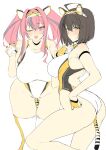 2girls absurdres animal_ears arm_strap ass ass_visible_through_thighs azur_lane back_cutout baltimore_(azur_lane) bangs bare_shoulders bell black_choker blush braid breasts bremerton_(azur_lane) brown_hair chinese_zodiac choker claw_pose closed_mouth clothing_cutout commentary_request competition_swimsuit cowboy_shot eyebrows_visible_through_hair fake_animal_ears fake_tail fang fingerless_gloves french_braid gloves grey_hair hair_between_eyes hair_intakes hair_ornament hairband halcon half_gloves hand_on_hip hand_up hands_up highres large_breasts leaning_forward long_hair looking_at_viewer mole mole_under_eye multicolored_hair multiple_girls neck_bell nose_blush one-piece_swimsuit one_eye_closed open_mouth pink_eyes pink_hair short_hair sidelocks simple_background sketch skindentation smile standing standing_on_one_leg streaked_hair swimsuit tail thighhighs tiger_ears tiger_tail twintails twisted_torso two-tone_hair white_background white_legwear white_swimsuit year_of_the_tiger yellow_eyes 