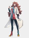  1girl android android_21 blue_eyes breasts brown_hair checkered_clothes checkered_dress commentary_request dragon_ball dragon_ball_fighterz dress earrings full_body holding holding_eyewear jewelry kemachiku labcoat long_hair medium_breasts pantyhose simple_background solo standing 