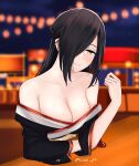  1girl 1grl azur_lane bare_shoulders black_hair black_kimono blurry blurry_background breasts brown_eyes cleavage collarbone english_commentary festival friedrich_der_grosse_(azur_lane) hair_over_one_eye highres japanese_clothes kimono lantern large_breasts long_hair luxe new_year off-shoulder_kimono solo twitter_username 