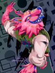 2024 3:4 abstract_background alebrije an_icyhot andy_fangerson anthro artist_name bottomwear canid canine canis clothing denim denim_bottomwear denim_clothing epic_games fortnite fur gesture hand_gesture hand_in_pocket hi_res jacket jeans letterman_jacket looking_back male mammal open_mouth pants pink_body pink_fur pockets ruff signature solo teeth tongue tongue_out topwear v_sign wolf