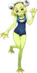  1girl anura_(monster_musume) artist_request bangs blonde_hair blue_hairband colored_skin competition_school_swimsuit extra_eyes frog_girl full_body glasses green_eyes green_skin hairband long_tongue monster_girl monster_musume_no_iru_nichijou monster_musume_no_iru_nichijou_online official_art open_mouth solo swimsuit tongue webbed_feet webbed_hands 