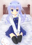  1girl bangs black_legwear blue_eyes blue_hair blue_skirt blush buttons commentary_request eyebrows_visible_through_hair full_body gochuumon_wa_usagi_desu_ka? hair_between_eyes hair_ornament highres holding kafuu_chino long_hair long_sleeves looking_at_viewer on_bed open_mouth seiza shirt sitting skirt solo szk thighhighs uniform white_shirt x_hair_ornament 