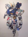  1boy amuro_ray ankle_holster bazooka_(gundam) boots brown_hair char&#039;s_counterattack gradient_background gundam helmet holding holding_helmet machinery marker_(medium) mecha mecha_pilot_suit mobile_suit nu_gundam robot scan science_fiction steven_(sz0097) traditional_media v-fin walking walking_towards_viewer 