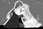  2girls arikalovesyou2 atsuko_(blue_archive) blue_archive blush cape closed_mouth commentary dress greyscale hair_ribbon hand_on_another's_face highres juliet_sleeves kneeling long_hair long_sleeves looking_at_another mask monochrome multiple_girls pants parted_lips phantom_of_the_opera puffy_sleeves ribbon saori_(blue_archive) smile swimsuit yuri 