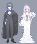  2girls arikalovesyou2 atsuko_(blue_archive) black_cape black_footwear black_jacket black_pants black_suit blue_archive blue_bow blue_bowtie blue_eyes blue_hair bow bowtie cape choker closed_mouth collared_shirt commentary dress grey_background halo high_heels highres jacket long_hair long_sleeves multiple_girls pants phantom_of_the_opera pink_hair red_eyes saori_(blue_archive) shirt simple_background suit suit_jacket white_choker white_dress white_mask white_shirt 