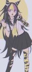  1girl :o asymmetrical_legwear bangs barbed_wire black_gloves black_hair black_legwear black_nails black_sailor_collar black_skirt blonde_hair claws collarbone contrapposto danganronpa_(series) danganronpa_2:_goodbye_despair earrings eyebrows_visible_through_hair feet_out_of_frame fingerless_gloves gloves grey_hair hair_horns highres jewelry leaning_to_the_side long_hair mioda_ibuki mismatched_legwear multicolored_hair nail_polish neckerchief nzeneee piercing pink_eyes pink_hair pleated_skirt sailor_collar school_uniform serafuku simple_background skirt teeth tiger_stripes torn_clothes torn_legwear upper_teeth white_background white_hair yellow_background yellow_gloves yellow_legwear yellow_neckerchief 