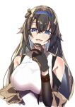  1girl absurdres arm_warmers bangs bare_shoulders blue_eyes breasts e_sky_rugo finger_to_own_chin girls&#039;_frontline gloves hair_flaps highres large_breasts long_hair mod3_(girls&#039;_frontline) mole mole_under_eye open_mouth sidelocks sleeveless smile solo super_sass_(girls&#039;_frontline) very_long_hair 