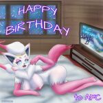 absurd_res anthro bed bedroom_eyes blubluumon breasts butt female fur furniture happy_birthday hi_res hisuian_zorua looking_at_viewer lucario narrowed_eyes nintendo nipples open_mouth pink_body pink_fur pok&eacute;mon pok&eacute;mon_(species) pose seductive smile smiling_at_viewer solo television video_games white_body white_fur zabrina_(afc) zorua 