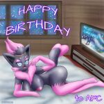  absurd_res anthro bed bedroom_eyes black_body black_fur blubluumon breasts butt female fur furniture happy_birthday hi_res looking_at_viewer lucario narrowed_eyes nintendo nipples open_mouth pink_body pink_fur pok&eacute;mon pok&eacute;mon_(species) pose seductive smile smiling_at_viewer solo television video_games zabrina_(afc) zorua 