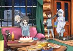  4girls :o ;d aki_(girls_und_panzer) baseball_cap birthday_cake black_hair black_skirt blonde_hair blue_eyes blue_jacket blue_pants blue_shirt boots brown_eyes brown_footwear brown_hair bt-42 cake closed_eyes coat commentary_request couch death_sweets dress_shirt food girls_und_panzer girls_und_panzer_saishuushou grey_eyes ground_vehicle hat holding_party_popper hooded_coat indoors jacket keizoku_military_uniform keizoku_school_uniform long_hair long_sleeves low_twintails mika_(girls_und_panzer) mikko_(girls_und_panzer) military military_vehicle motor_vehicle multiple_girls one_eye_closed open_clothes open_coat open_mouth pants pants_rolled_up pants_under_skirt party_popper pleated_skirt raglan_sleeves school_uniform shirt short_hair short_twintails sitting skirt smile striped striped_shirt tank track_jacket track_pants twintails vertical-striped_shirt vertical_stripes white_coat white_shirt wing_collar youko_(girls_und_panzer) 