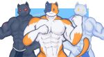  2022 :3 abs anthro artist_name barazoku biceps big_muscles black_body black_fur bulge calico_cat clothed clothing digital_media_(artwork) domestic_cat epic_games eye_scar facial_scar felid feline felis fortnite fur ghost_meowscles group hi_res huge_muscles jockstrap jockstrap_only male mammal meowscles_(fortnite) mottled muscular muscular_anthro muscular_male navel nipples notedwolf one_eye_closed orange_body orange_fur pecs piebald pinup pose red_eyes scar scratches shadow_meowscles_(fortnite) simple_background smile square_crossover standing trio underwear underwear_only video_games white_body white_fur wink 