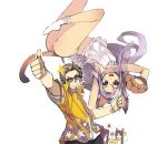  1boy 3girls alternate_costume animal_ears animal_hands ass bangs blush camisole collared_shirt commentary_request crown facial_hair foot_out_of_frame gloves goatee grey_hair grin hawaiian_shirt heterochromia highres lazy_(ragnarok_online) light_brown_hair long_hair looking_at_viewer mil_(xration) multiple_girls nemma open_mouth panno panties paw_gloves pope_(ragnarok_online) purple_eyes purple_hair ragnarok_online red_eyes shirt short_hair simple_background smile socks sparkle sunglasses thumbs_up underwear upper_body upside-down white_background white_camisole white_legwear white_panties white_shirt yellow_shirt 