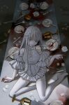  1girl absurdres blood blood_stain blue_eyes chalice dress flower fork frilled_dress frilled_sleeves frills grey_hair highres knife long_hair messy nekoyama_iori no_shoes on_table original plate rose smile solo table white_dress white_hair white_legwear 