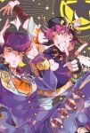  2boys adapted_costume adjusting_hair battle_tendency birthmark blue_eyes blush bracelet diamond_wa_kudakenai father_and_son fingerless_gloves gakuran gloves groin hat higashikata_josuke jewelry joestar_birthmark jojo_no_kimyou_na_bouken joseph_joestar joseph_joestar_(young) male_focus multiple_boys necklace one_eye_closed peace_symbol pointing scarf school_uniform senzzang single_glove watch wristwatch 