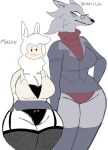  2021 :3 alpaca anthro big_breasts biped black_nose breasts camelid canid canine canis character_name cheek_tuft clothed clothing digital_media_(artwork) duo eyewear facial_tuft female front_view fur glasses grey_body grey_clothing grey_fur grey_legwear grey_stockings grey_topwear hair hands_behind_back legwear mable_(puppychan48) mammal noseless panties portrait puppychan48 red_clothing red_panties red_underwear shirt simple_background skimpy smile standing stockings tan_clothing tan_face tan_topwear three-quarter_portrait topwear tuft underwear veronica_(puppychan48) white_background white_body white_fur white_wool wide_hips wolf wool_(fur) 