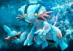  black_eyes bubble colored_sclera fins highres mudkip no_humans open_mouth pokemon pokemon_(creature) smile swampert swimming toneko underwater water yellow_sclera 