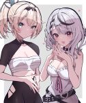  2girls :d bangs bare_arms belt black_belt black_hair blonde_hair blush breasts chest_sarashi cleavage eyebrows_visible_through_hair eyes_visible_through_hair green_eyes hair_ornament hair_ribbon heart highres hiyoko_no_ko hololive kazama_iroha looking_at_viewer medium_breasts medium_hair multicolored_hair multiple_girls parted_lips ponytail red_eyes ribbon sakamata_chloe sarashi shirt short_hair short_sleeves silver_hair simple_background smile solo steepled_fingers streaked_hair upper_body virtual_youtuber white_shirt x_hair_ornament 