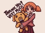  1girl azumanga_daioh azumanga_daioh&#039;s_school_uniform black_eyes brown_hair buster-kun collared_shirt commentary cowboy_shot long_sleeves looking_at_viewer mihama_chiyo open_mouth pink_shirt pleated_skirt red_skirt sakakaorin school_uniform shirt short_twintails simple_background skirt smile solo stuffed_animal stuffed_toy teddy_bear thank_you the_pillows twintails white_background 