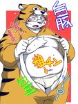  2022 anthro belly blush bulge clothing eyewear felid glasses humanoid_hands japanese_text kemono male mammal moobs navel nipples onesie overweight overweight_male pantherine simple_background solo takagi_kyou text tiger underwear white_body 