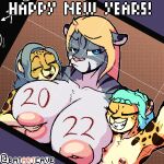  2022 amber_(pelao0o) animated annoyed anthro anthro_on_anthro areola batartcave beauty_mark big_breasts blonde_hair blue_eyes blue_hair body_writing breast_grab breast_size_difference breast_squeeze breasts brown_nose bust_portrait cellphone cheetah claire_(pelao0o) countershade_face countershade_torso countershading ear_piercing english_text eyebrow_through_hair eyebrows eyelashes eyes_closed felid feline female female/female fur green_eyes grey_body grey_fur grey_hair group group_photo hair half-closed_eyes hand_on_breast holidays huge_breasts inverted_nipples jade_(pelao0o) larger_anthro larger_female looking_away mammal markings narrowed_eyes new_year nipple_piercing nipples nude orange_eyes pantherine phone photo piercing pink_nose portrait puffy_areola pupils raised_arm selfie sharp_teeth size_difference slit_pupils small_breasts smaller_anthro smaller_female smile spots spotted_markings striped_markings stripes teeth text tiger translucent translucent_hair trio unimpressed yellow_body yellow_fur 