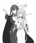  2girls arikalovesyou2 atsuko_(blue_archive) blue_archive bow bowtie cape closed_eyes collared_shirt commentary dress english_text greyscale halo hand_on_another's_shoulder highres jacket juliet_sleeves long_hair long_sleeves mask monochrome multiple_girls music open_mouth phantom_of_the_opera puffy_sleeves saori_(blue_archive) shirt singing suit_jacket 