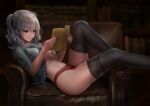  1girl armchair black_legwear blue_eyes book breasts chair haruto_(harut_n) holding holding_book kantai_collection kashima_(kancolle) large_breasts no_bra panties reading red_panties silver_hair solo thighhighs twintails underwear wavy_hair 