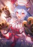  1girl 60mai animal_ears animal_hands ascot bat_wings blue_hair dress fang gloves hair_between_eyes hat mob_cap open_mouth paw_gloves red_eyes remilia_scarlet short_hair smile solo tail tiger_ears tiger_paws tiger_tail touhou upper_body v-shaped_eyebrows white_ascot white_dress white_headwear wings 