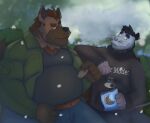  2021 anthro bottomwear brown_body clothing cookie didelphid dippubear duo food hi_res hoodie humanoid_hands hyaenid male male/male mammal marsupial outside overweight overweight_male pants pink_nose shirt sitting snow snowing topwear 