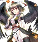  1girl arm_at_side arm_up autumn_leaves bangs bird_wings black_hair black_legwear black_skirt black_wings blush breasts collarbone commentary_request cross-laced_clothes eyebrows_visible_through_hair feathered_wings feet_out_of_frame hair_between_eyes hajike_akira hat highres japanese_clothes kourindou_tengu_costume large_breasts lips long_sleeves looking_at_viewer miniskirt obi obijime official_alternate_costume one-hour_drawing_challenge open_mouth pelvic_curtain pointy_ears pom_pom_(clothes) red_ribbon ribbon ribbon-trimmed_clothes ribbon-trimmed_legwear ribbon-trimmed_skirt ribbon_trim sarashi sash shameimaru_aya shiny shiny_hair short_hair sidelocks simple_background skirt solo standing thighhighs thighs tokin_hat touhou white_background white_sleeves wide_sleeves wings zettai_ryouiki 