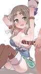  1boy 1girl ^^^ aqua_skirt arm_behind_head armpits arms_up atelier_(series) atelier_firis bar_censor bare_shoulders blush breasts brown_thighhighs censored commentary cum cum_on_body cum_on_breasts ejaculation erection firis_mistlud green_eyes grey_hair heart hetero highres knees_up large_breasts looking_to_the_side medium_hair miniskirt nipples one_breast_out open_mouth outstretched_arm panties pantyshot penis penis_to_breast simple_background sitting skirt solo_focus spoken_expression sumiyao_(amam) sweat tareme thighhighs underwear white_background white_panties 