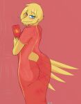 2025 absurd_res anthro artist_name avian bedroom_eyes big_butt biped bird blue_eyes blush butt butt_outline clothed clothed_anthro clothed_male clothing colored crossdressing dress eyebrow_through_hair eyebrows feathers femboy fingers hair half-closed_eyes head_turned hi_res holding_object humanoid_hands hyu_(hyuvevo) hyuvevo looking_at_viewer looking_back lunar_new_year male medium_hair narrowed_eyes rear_view red_background red_clothing red_dress seductive simple_background smile solo standing tail tail_feathers translucent translucent_hair yellow_body yellow_feathers