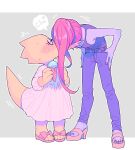  alphys animal_humanoid anthro belt biped blue_body blue_skin blush bottomwear clothing dessert dress duo ear_fins english_text female fin fish fish_humanoid food footwear hand_in_pocket humanoid ice_cream kissing marine marine_humanoid ouse pants pockets sandals scalie standing text undertale_(series) undyne yellow_body yellow_tail 