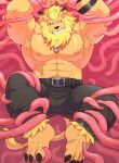  abs absurd_res anthro armpit_hair bandai_namco biceps body_hair bottomwear bulge claws clothed clothing digimon digimon_(species) ear_piercing felid fur hi_res leomon lion male mammal muscular muscular_anthro muscular_male nipples o-ro orange_body orange_fur pantherine pants pecs piercing solo tentacles 