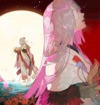  2girls barefoot blue_eyes eyepatch flower from_side full_moon grey_hair hair_flower hair_ornament higanbana_(onmyoji) holding japanese_clothes kimono long_hair looking_back moon multiple_girls multiple_views onmyoji orb profile qiqu red_sky sky spider_lily very_long_hair water 