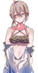  1girl absurdres ahoge bare_shoulders bikini black_bikini closed_mouth commentary cowboy_shot dot_mouth e_sky_rugo frilled_bikini frills girls&#039;_frontline grey_hair head_tilt highres jacket jacket_partially_removed looking_at_viewer m200_(girls&#039;_frontline) multi-strapped_bikini navel ponytail revision simple_background solo swimsuit white_background white_jacket 