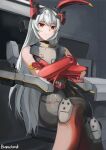  1girl absurdres animal_ears artist_name barach bare_shoulders body_armor closed_mouth commentary cowboy_shot crossed_arms crossed_legs fake_animal_ears gauntlets girls&#039;_frontline girls&#039;_frontline_2:_exilium grey_hair hair_between_eyes highres indoors krolik_(girls&#039;_frontline_2) light_smile long_hair looking_at_viewer mechanical_ears on_chair playboy_bunny rabbit_ears red_eyes sitting solo tactical_playboy_bunny 