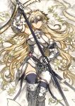  1girl armor blonde_hair blue_eyes fate/grand_order fate_(series) flower fur_trim gauntlets jeanne_d'arc_(fate) jeanne_d'arc_(ruler)_(fate) jeanne_d'arc_(third_ascension)_(fate) kashia knight long_hair lying on_back solo very_long_hair white_flower 