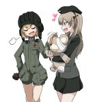  2girls :d beret black_gloves black_headwear black_jacket black_ribbon black_skirt blonde_hair bob_cut boko_(girls_und_panzer) brown_eyes closed_eyes cowboy_shot death_sweets emblem fang girls_und_panzer gloves green_jumpsuit hair_ribbon hat heart helmet jacket japanese_tankery_league_(emblem) jumpsuit katyusha_(girls_und_panzer) light_brown_hair long_hair long_sleeves looking_at_another military_hat multiple_girls one_side_up pravda_military_uniform ribbon selection_university_military_uniform shimada_arisu short_hair short_jumpsuit simple_background skirt smile tank_helmet white_background 