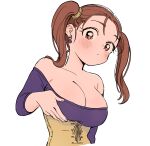  bare_shoulders blush breast_lift breasts brown_eyes brown_hair cleavage closed_mouth collarbone commentary_request corset dragon_quest dragon_quest_viii earrings jewelry large_breasts long_hair long_sleeves looking_at_viewer miyama_(kannsannn) off-shoulder_shirt off_shoulder purple_shirt shirt simple_background twintails upper_body white_background 