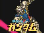  black_background copyright_name energy_sword gundam gundam_gquuuuuux holding holding_weapon mecha mobile_suit mobile_suit_gundam no_humans parody purple_eyes retro_artstyle robot sasakamakue scene_reference science_fiction simple_background solo sword v-fin weapon white_gundam 