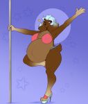  2020 absurd_res anthro bird_dog blue_hair bra brown_body brown_fur canid canine canis chest_tuft chocochipviv clothing cocker_spaniel domestic_dog female floppy_ears fur hair hi_res high_heels hunting_dog mammal navel nipple_outline one_eye_closed panties paws pippi_piper pole pregnant pregnant_female raised_leg red_eyes signature simple_background smile solo spaniel star stripper stripper_pole thick_thighs tuft underwear watermark wink 