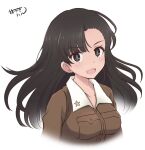  1girl :d artist_name asymmetrical_bangs bangs black_eyes black_hair brown_hair brown_jacket chi-hatan_military_uniform eyebrows_visible_through_hair girls_und_panzer hazuki_haru highres jacket long_hair looking_at_viewer nishi_kinuyo portrait simple_background smile solo straight_hair white_background 