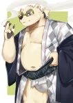  1boy absurdres animal_ears animal_hands bara bear_boy bear_ears belly blush bulge cigarette feet_out_of_frame furry furry_male glasses green-framed_eyewear highres japanese_clothes kimono large_pectorals leib_(housamo) male_focus male_underwear male_underwear_peek muscular muscular_male navel navel_hair open_clothes open_kimono pectoral_cleavage pectorals plump see-through short_hair shoyuna_(cai1448331577) smoking solo stomach thick_eyebrows thick_thighs thighs tied_hair tokyo_afterschool_summoners topless_male underwear wet wet_clothes wet_male_underwear white_fur white_male_underwear 