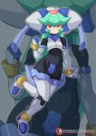  1girl android bangs black_suit blue_gloves bodysuit breasts closed_mouth formal full_body gloves godichi green_hair grey_background hair_between_eyes hand_up helmet highres humanoid_robot leg_up long_hair looking_at_viewer mega_man_(series) mega_man_zx pandora_(mega_man) patreon_username red_eyes ruby_(gemstone) signature small_breasts solo standing suit white_gloves white_suit 