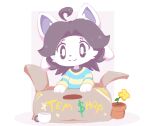  anthro canid canine clothed clothing container cup felid feline flower fur hair mammal plant simple_background solo tem temmie_(undertale) text topwear undertale undertale_(series) video_games white_body white_fur yokugrapecrepe 
