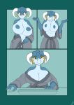  after_transformation anthro areola blue_body breasts clothed clothing colored comic computer female halcy0n hi_res horn kobold mostly_nude nipples solo yellow_eyes 