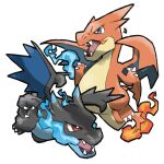  animal_focus blacknirrow blue_eyes blue_fire charizard chibi claws dragon dragon_wings fangs fire flame-tipped_tail mega_charizard_x mega_charizard_y mega_pokemon no_humans open_mouth pokemon pokemon_(creature) red_eyes simple_background v-shaped_eyes white_background wings 