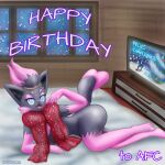  absurd_res anthro bed bedroom_eyes black_body black_fur blubluumon breasts butt female fur furniture happy_birthday hi_res looking_at_viewer lucario narrowed_eyes nintendo open_mouth pink_body pink_fur pok&eacute;mon pok&eacute;mon_(species) pose red_scarf scarf seductive smile smiling_at_viewer solo television video_games zabrina_(afc) zorua 