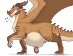  after_vore animal_genitalia belly black_horn bodily_fluids brown_body claws dragon feral genital_fluids genitals hi_res hodiaa horn male malfaren precum sheath simple_background solo tongue tongue_out vore white_background wings 